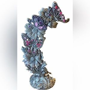 Beautiful Pewter,Jeweled Butterflies and Flowers Sculpture